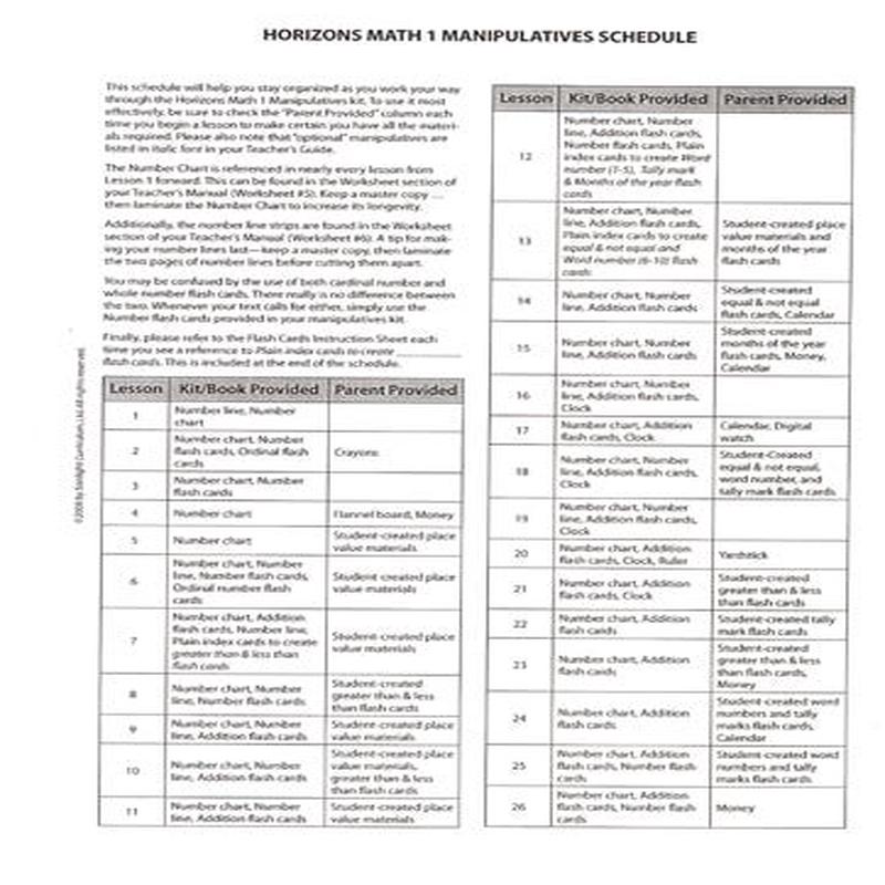 Horizons Math 1-3 Manipulatives Schedule