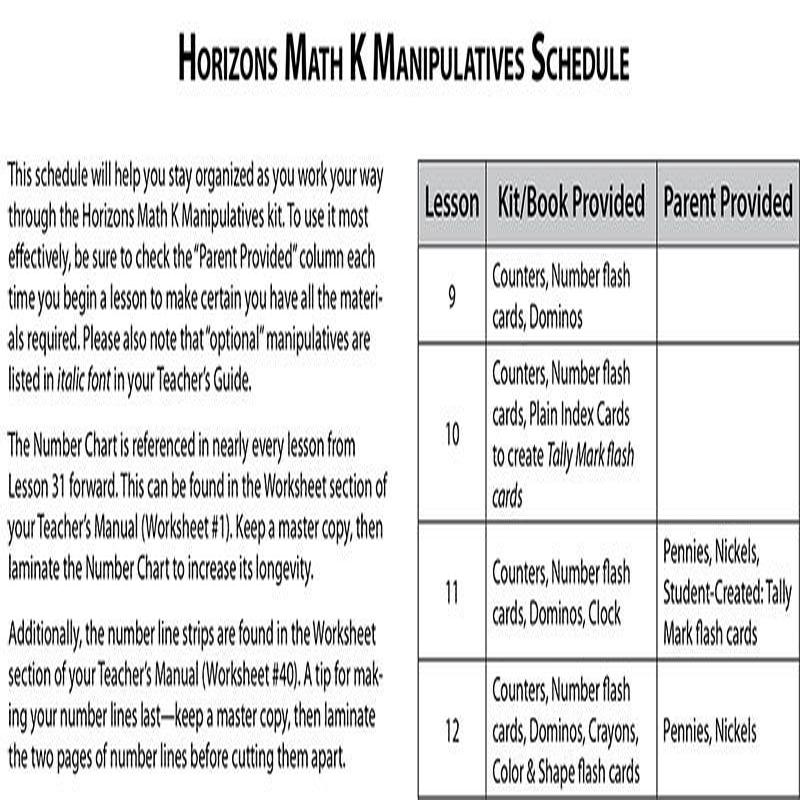 Horizons Math Manipulatives K Schedule