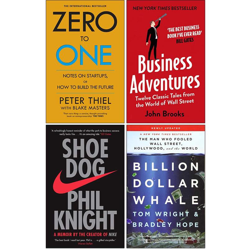 Zero to One, Business Adventures, Shoe Dog, Billion Dollar Whale 4 Books Collection Set