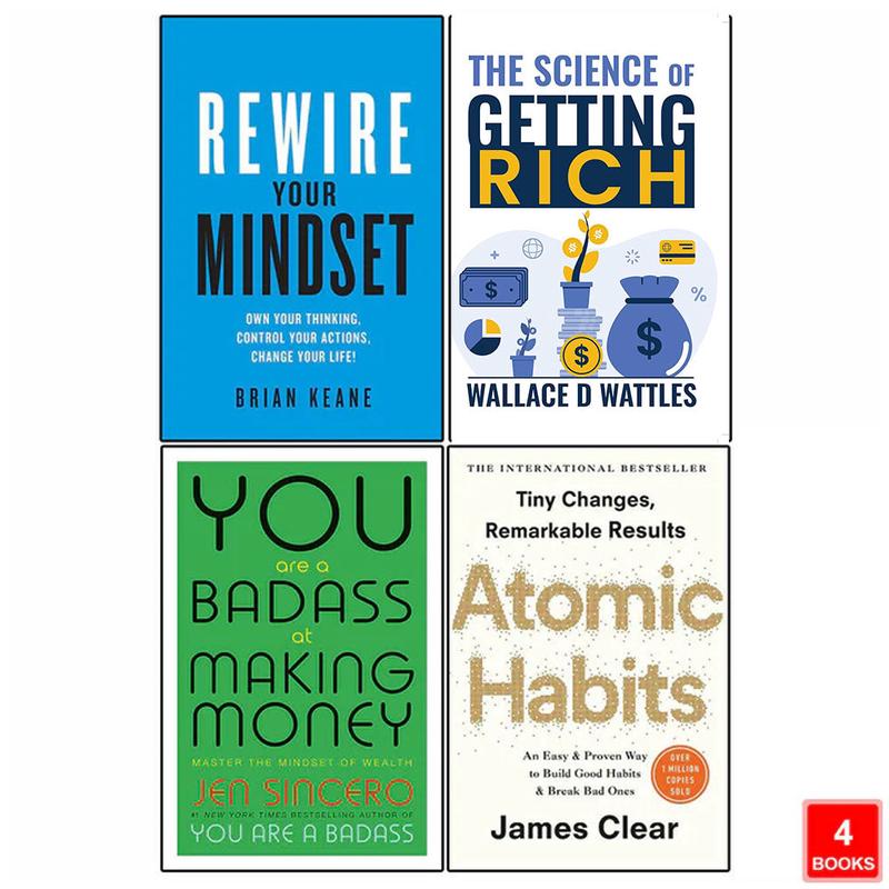 Atomic Habits, Rewire, The Science of Getting Rich, You Are a Badass 4 Books Collection Set
