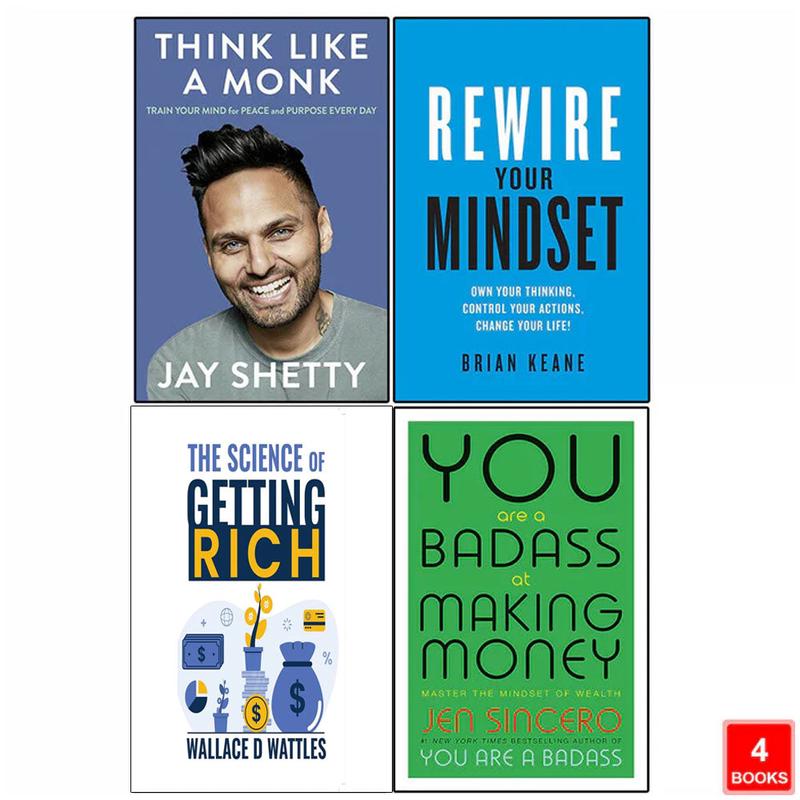 Think Like a Monk, Rewire, The Science of Getting Rich & You Are a Badass 4 Books Collection Set